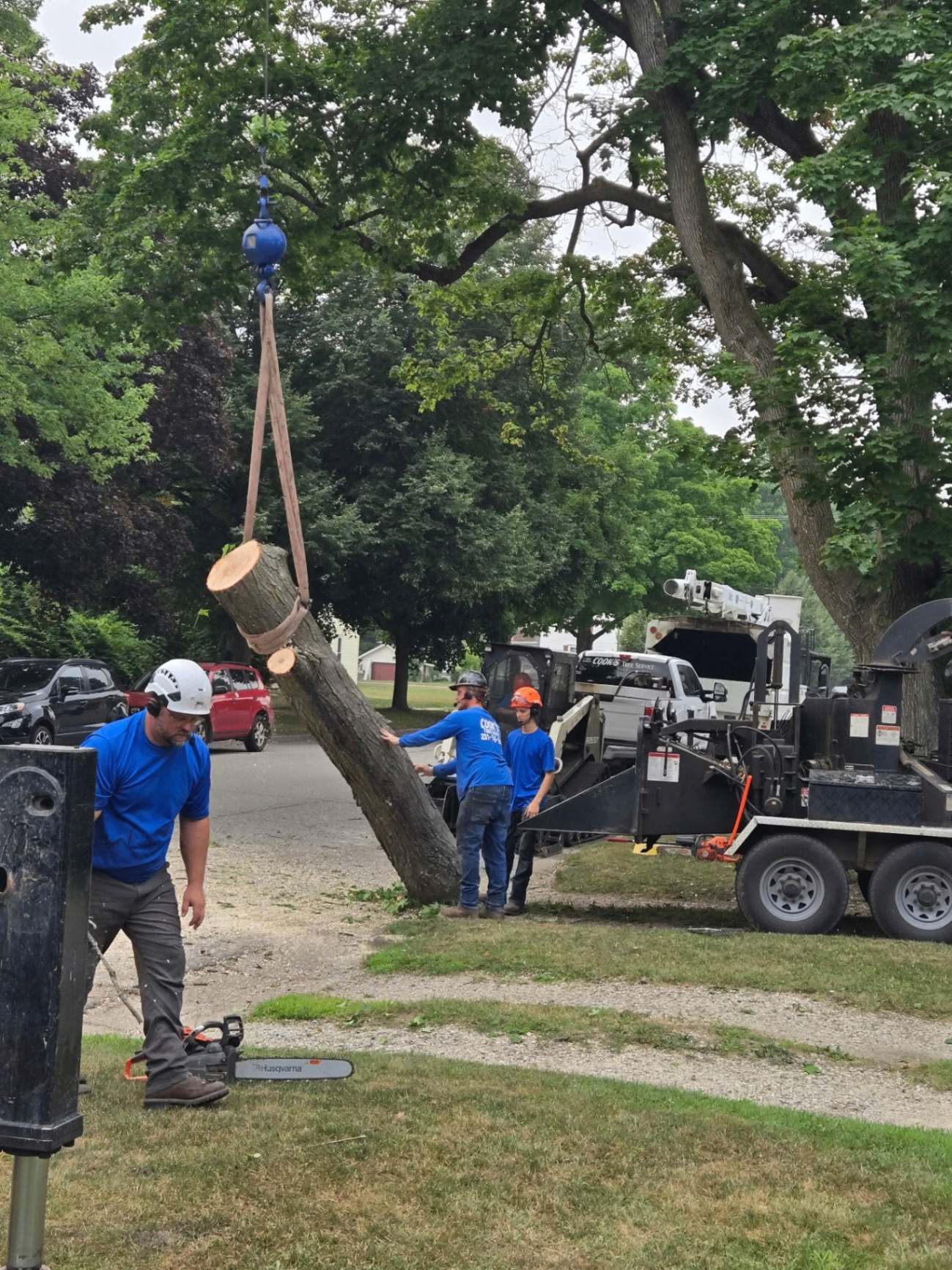 Crane lowering a large log to the ground beside the crew